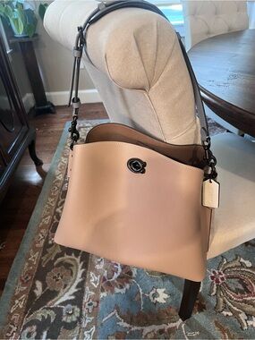 Women's COACH WILLOW Pebbled Leather Shoulder Bag in tan and gray